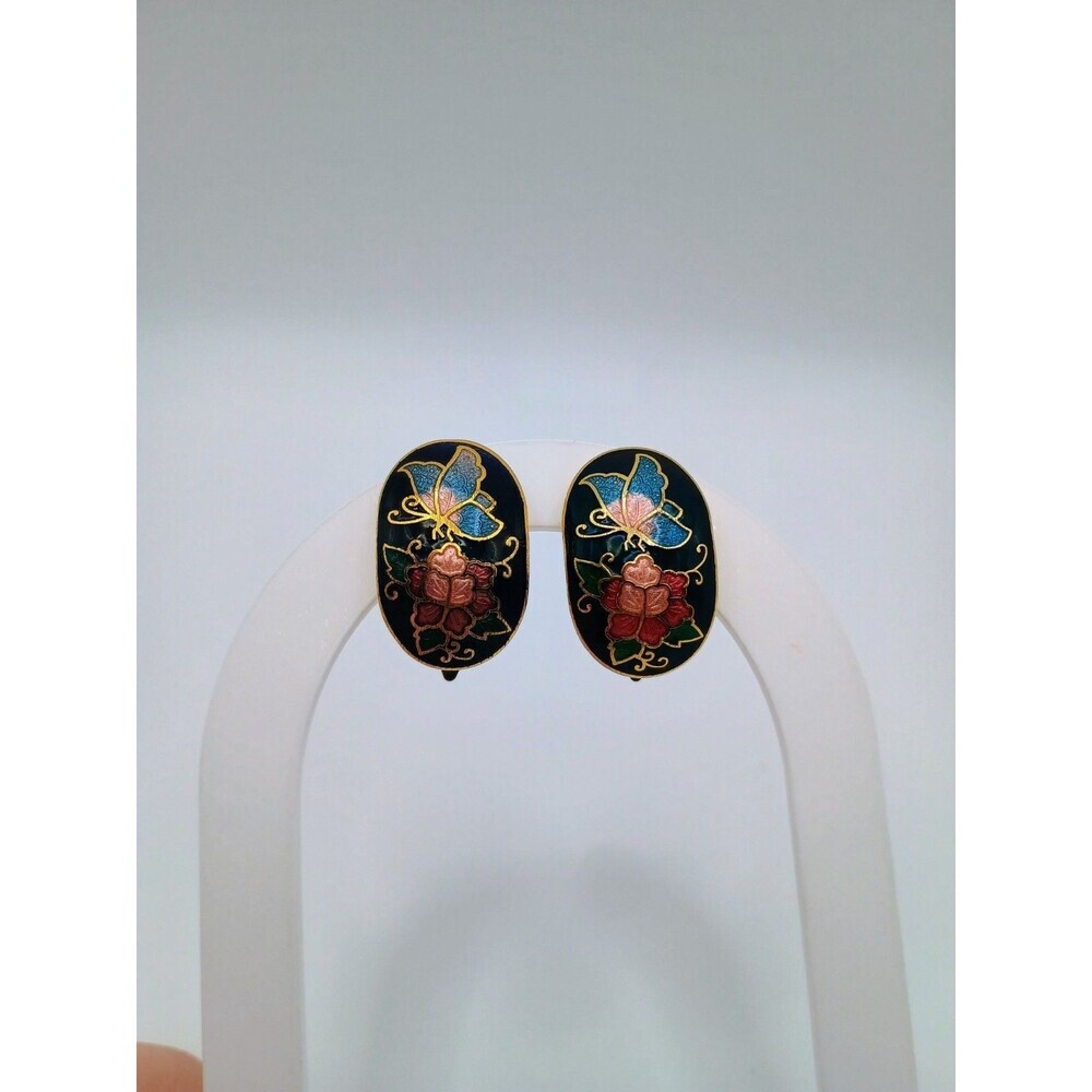 Vintage Gold Tone Cloisonne Butterfly And Flower Clip On Earrings